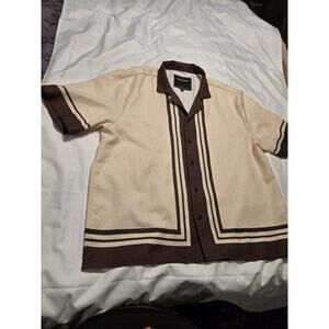 Reason Brand Men's Knit Polo Shirt Retro Vintage 50s Style Button Up Beige Brown
